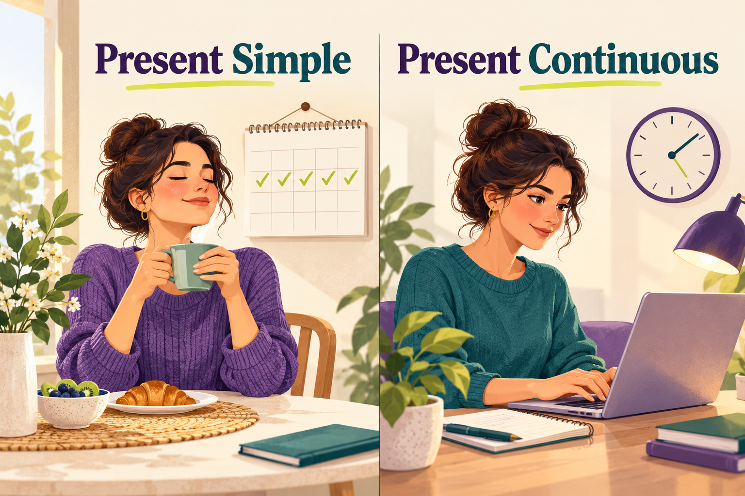 Present Simple и Present Continuous: привычное утро и работа за ноутбуком сейчас